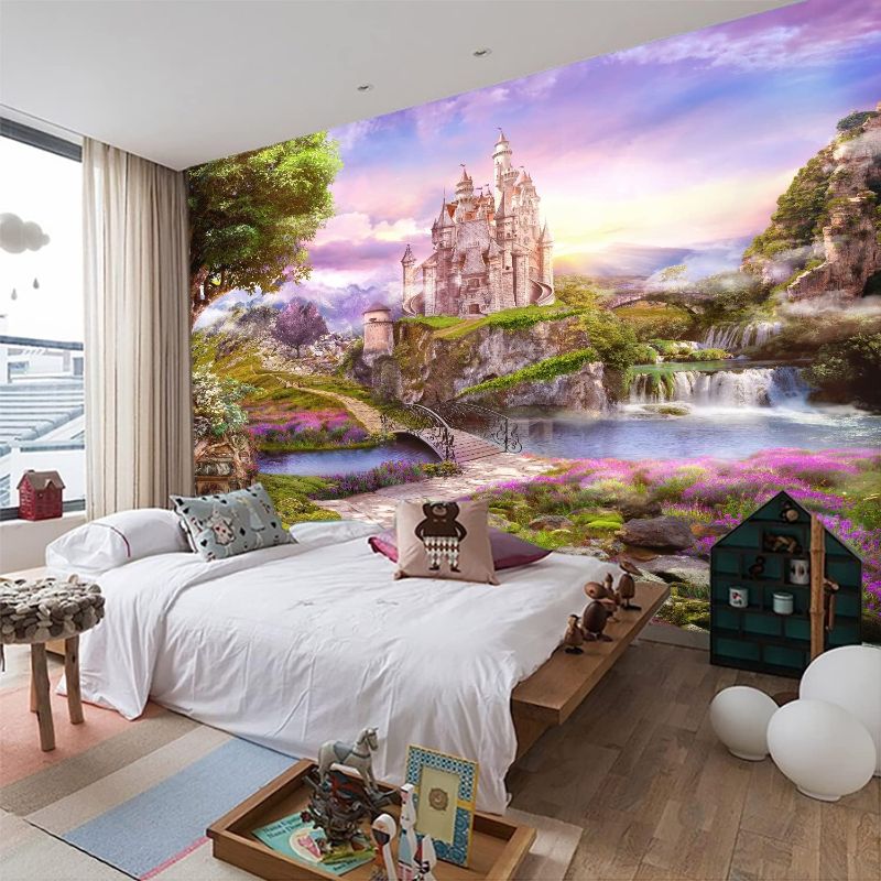 Photo 1 of Beautiful Pink Castle Children's Room Wallpaper Colorful Cartoon Bedroom Large Decorative murals?Non-self-Adhesive Wall Stickers?