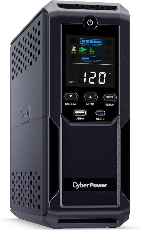 Photo 1 of CyberPower CP1500AVRLCD3 Intelligent LCD UPS System, 1500VA/900W, 12 Outlets, 2 USB Ports, AVR, Mini Tower, Black