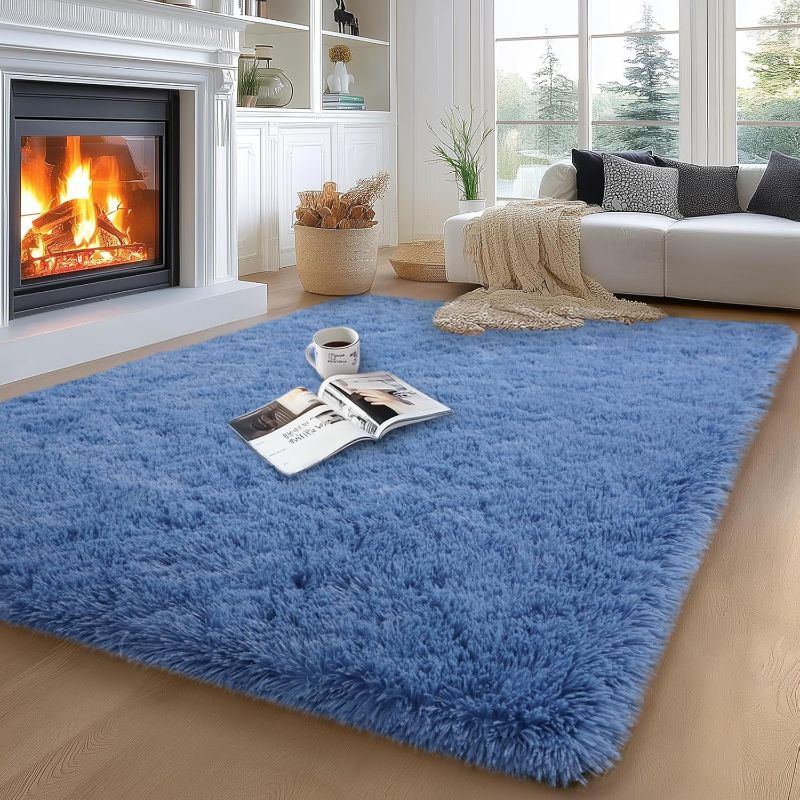 Photo 1 of 5x7 Area Rugs for Living Room, Large Fluffy Blue Rug for Bedroom, Soft Rug Shaggy Fuzzy Carpets for Boys and Girls Dorm Room Home Decor (5ft x 7ft, Blue)