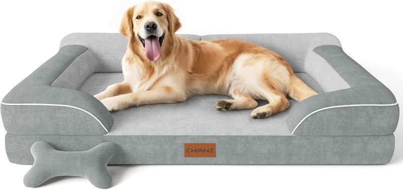 Photo 1 of Extra Large Dog Bed, Orthopedic Dog Bed with Cooling Gel Memory Foam, Waterproof XL Pet Bed with Removable Washable Cover, 42" Pet Sofa Couch Dutch Velvet with Bone Toy, Light Gray