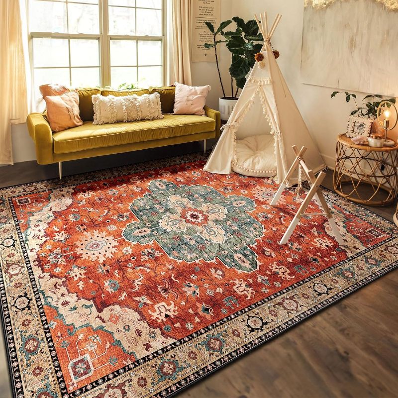 Photo 1 of Area Rugs Washable,Boho Rug for Living Room Bedroom Kitchen,Large Vintage Bohemian Distressed Oriental Tribal Carpet Non Slip,Retro Rust