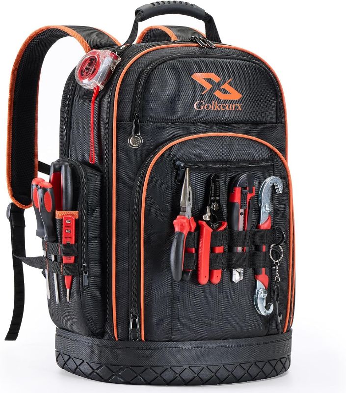 Photo 1 of Golkcurx Tool Backpack, Heavy Duty Backpack Tool Bag, 1680D Implements Carrier for Electrician, Durable and Molded Base