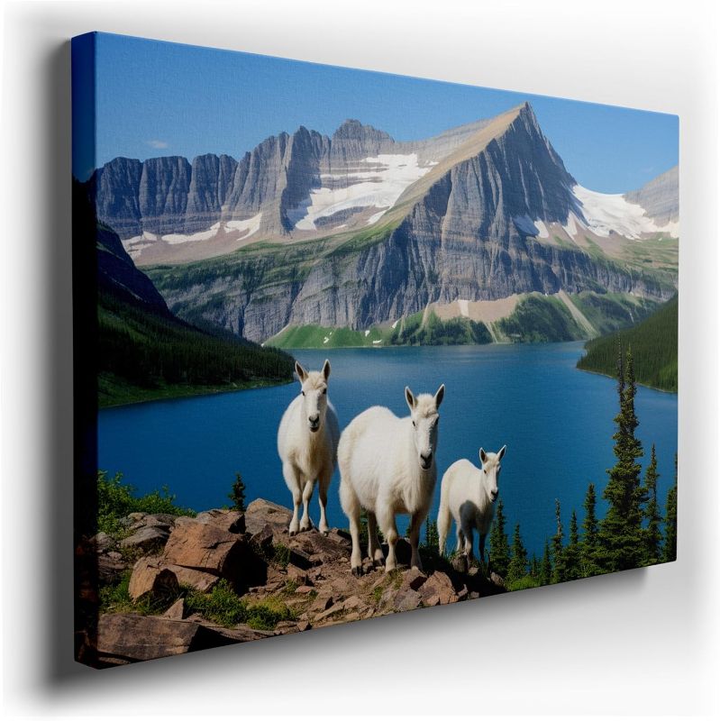 Photo 1 of Canvas Art Decor: Mountain Goats on Rugged Terrain Overlooking a Glacial Lake Art Decoration, Office Arts Design. Size:: 91x61 cm (36x24 inch)