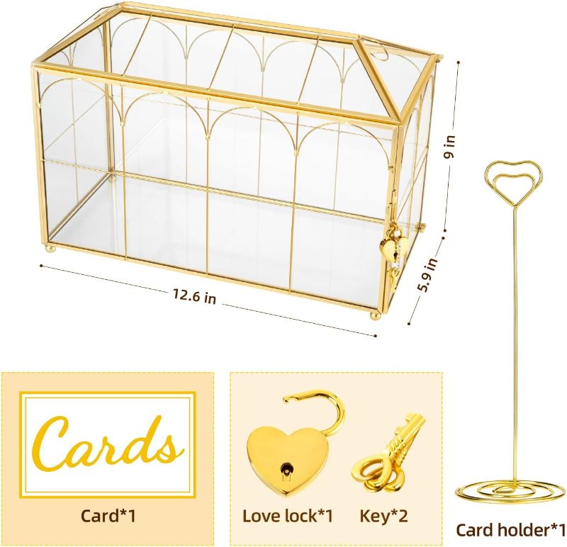 Photo 1 of Glass Wedding Card Box with Lock, 12.6x5.9x9 inches Large Gold Card Boxes for Wedding Reception, Graduation, Keepsake Display, Party Centerpiece Gift Box