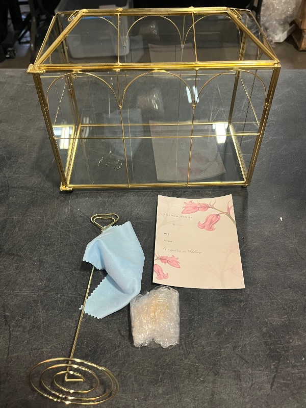 Photo 1 of Glass Wedding Card Box with Lock, 12.6x5.9x9 inches Large Gold Card Boxes for Wedding Reception, Graduation, Keepsake Display, Party Centerpiece Gift Box