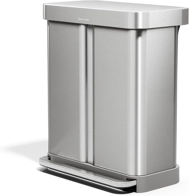Photo 1 of *Tape Residue From Shipping/Lid Minor Damage**
Simplehuman 58 Liter / 15.3 Gallon Rectangular Hands-Free Dual Compartment Recycling Kitchen Step Trash Can with Soft-Close Lid, Brushed Stainless Steel