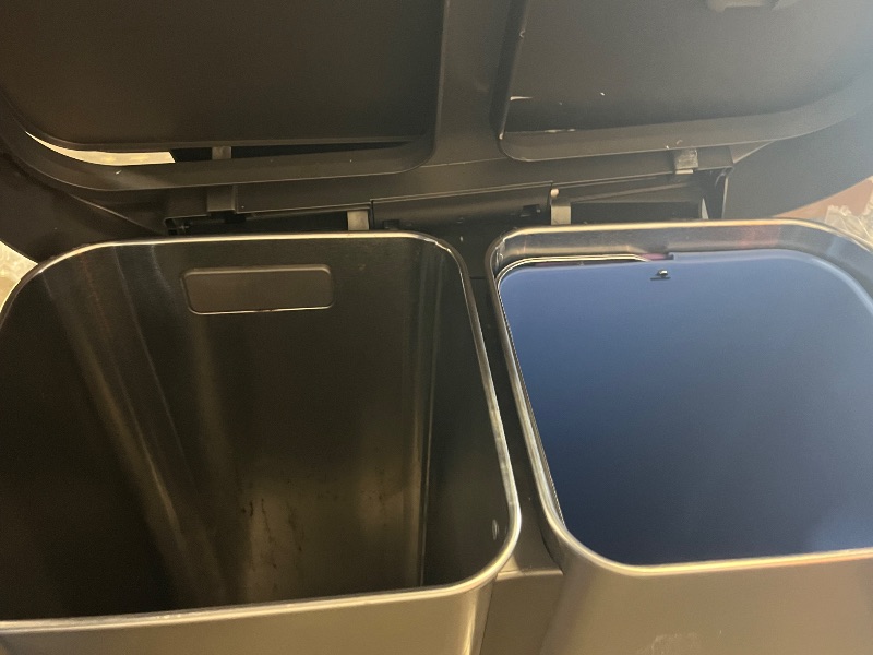 Photo 1 of *Tape Residue From Shipping/Lid Minor Damage**
Simplehuman 58 Liter / 15.3 Gallon Rectangular Hands-Free Dual Compartment Recycling Kitchen Step Trash Can with Soft-Close Lid, Brushed Stainless Steel