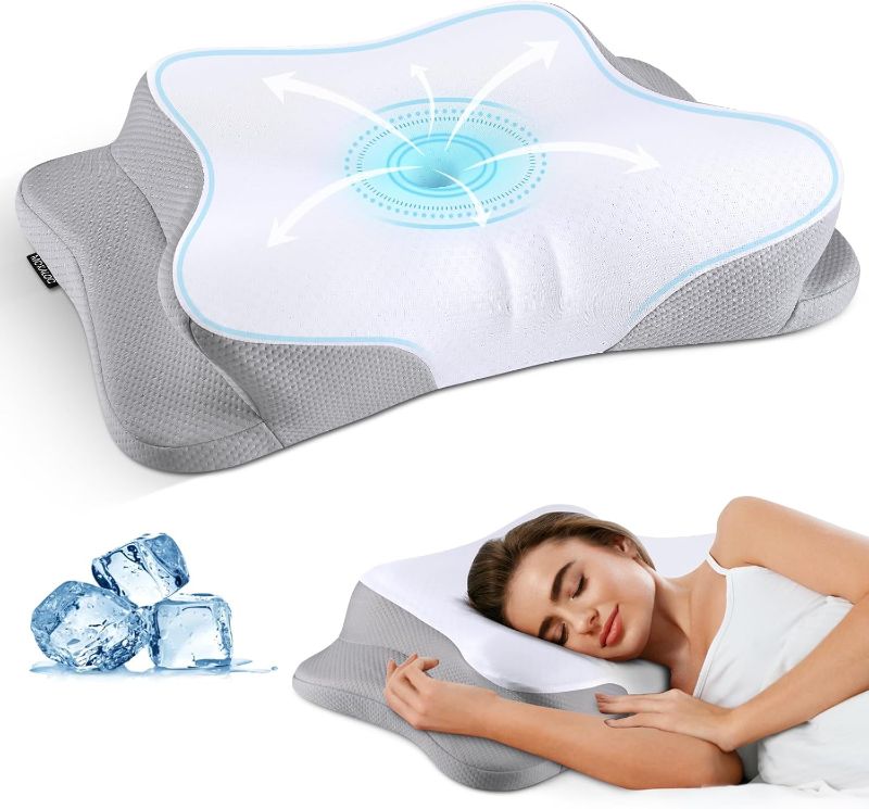 Photo 1 of Cervical Neck Pillow for Pain Relief - Cooling Ergonomic Neck Support Pillow for Sleeping, Orthopedic Contour Memory Foam Pillows for Side, Back & Stomach Sleepers with Pillowcase (White)