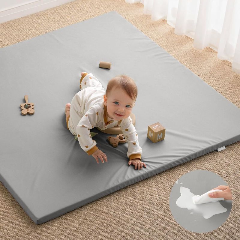 Photo 1 of Blissful Diary Vegan Leather Baby Play Mat, 50x50 Thicken Foam Cushioned & Waterproof Playpen Mat for Infants and Toddlers, Stylish and Just Wipe-Clean Playmat for Baby Play on Floor, Light Gray
