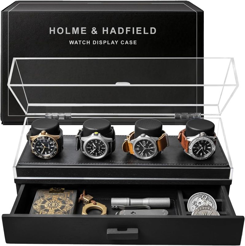 Photo 1 of Holme & Hadfield Premium 4-Slot Wooden Watch Display Case – Handcrafted Men’s Watch Box with Accessory Drawer, Hinged Cover, Leather Lining–Christmas Gift for Collectors–Luxury Built to Last