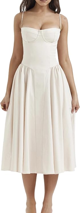 Photo 1 of (S) SHINFY Womens Summer Corset Midi Dress Spaghetti Strap Bustier A-Line Flowy Sundress Formal Cocktail Vacation Dress