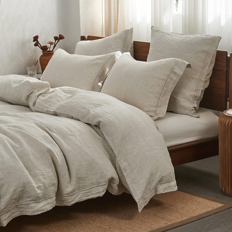 Photo 1 of (K) Simple&Opulence 100% Linen Duvet Cover Set with Embroidery Washed - 3 Pieces (1 Duvet Cover with 2 Pillow Shams) with Button Closure Soft Breathable Farmhouse - Linen, King Size