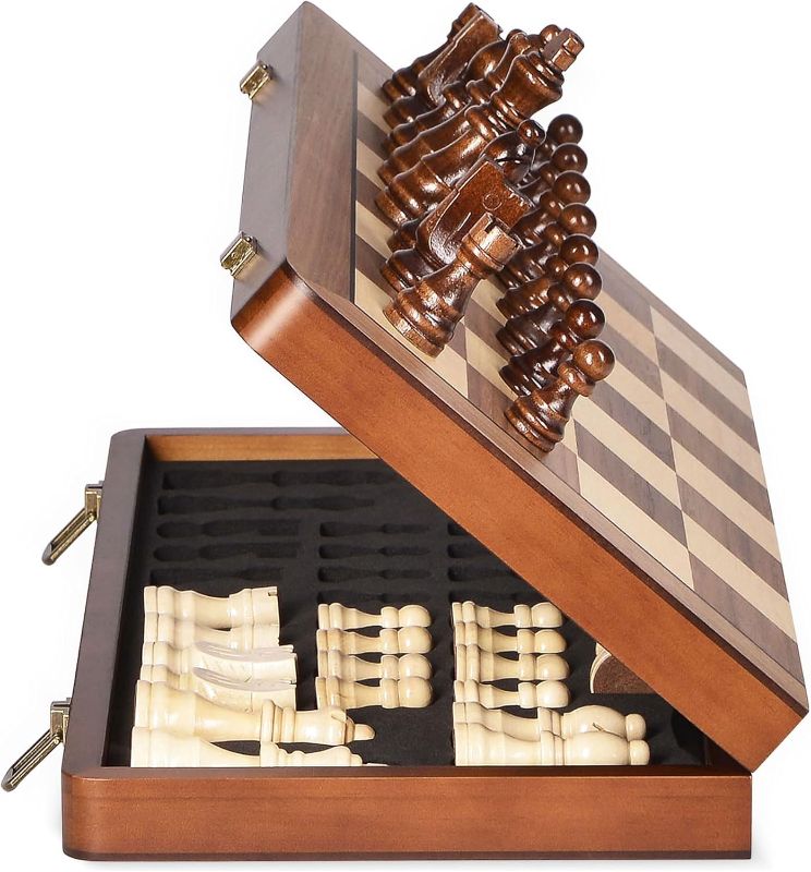 Photo 1 of 15" Wooden Chess Set with Magnetic Pieces - Extra Queens - Folding Chessboard Portable Travel Tournament Chess Board Games for Adults Kids
