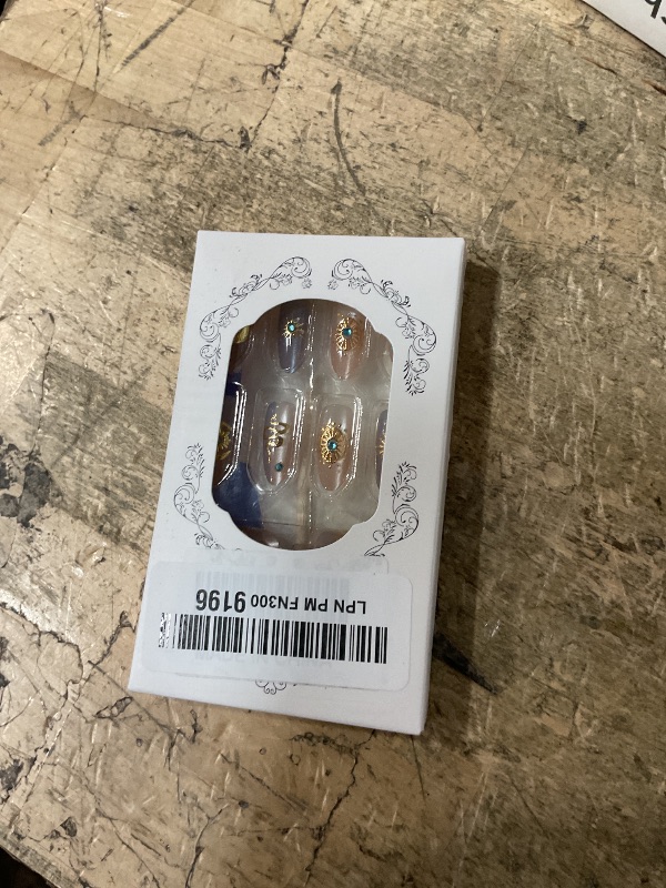 Photo 1 of 30Pcs Gold Star Press on Nails Medium Almond Fake Nails with 3D Blue Rhinestones Designs Glue on Nails Cute Moon Acrylic Nails Gold Snake French False Nails Bohemian Style Stick on Nails for Women