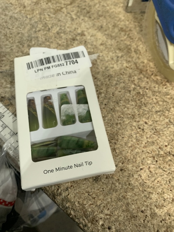 Photo 1 of 24Pcs Press on Nails Long Coffin Fake Nails Glossy Green False Nails with Rose Gold Foil Acrylic Nails Extra Long Full Cover Stick on Nails for Women