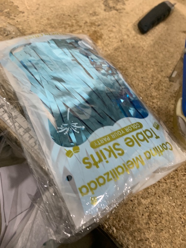 Photo 1 of 2 Pack Light Blue Table Skirts, 29x108" Metallic Foil Tinsel Fringe Table Skirts for Rectangle Tables Streamer Curtains Backdrop, Party Decorations for Birthdays Weddings Holidays