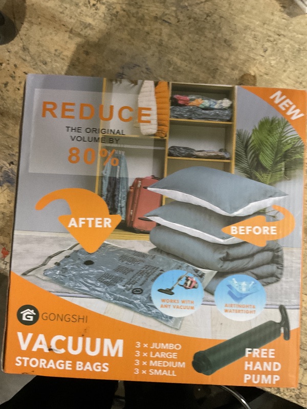 Photo 1 of 12 Pack Vacuum Storage Bags (3 Jumbo, 3 Large, 3 Medium, 3 Small),Plastic Packaging Bags,Space Saver Sealer Compression Bags with Travel Hand Pump for Blankets, Comforters, Pillows, Clothes Storage