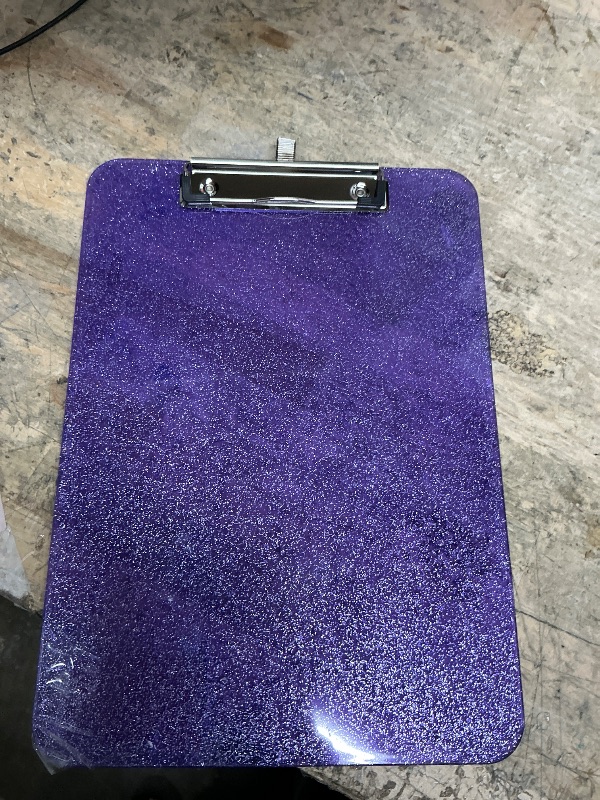 View 2 of 1 Pcs Clear Glitter Clipboards, Plastic Clipboard with Pen Holder,Size 8.85 x 12.4 in Shiny Clipboards with Low Profile Clip,Cute Hanging Clipboard for Office School Supplies Sparkly Clip board-Purple