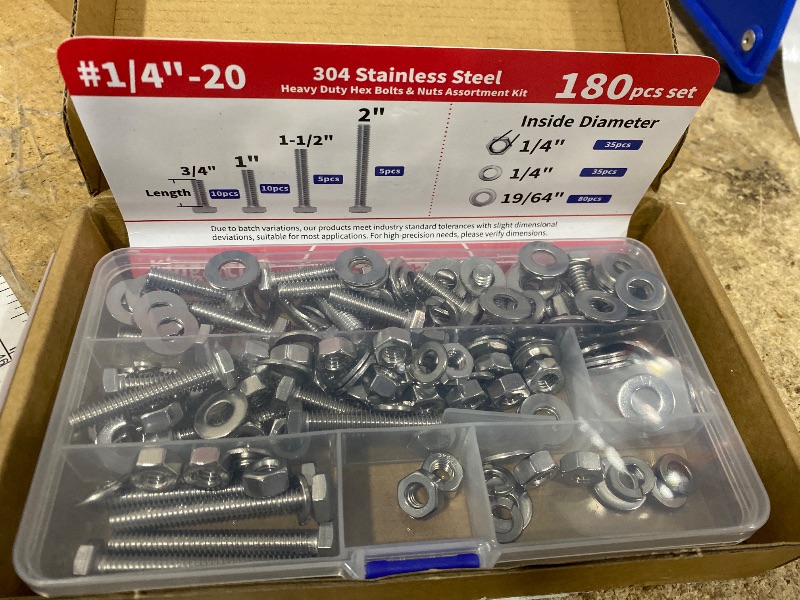 Photo 1 of 1/4”-20, 304 Stainless Steel Hex Head Nuts and Bolts Assortment Set 180 PCS, Lengths 3/4”, 1”, 1-1/2”, 2” – Heavy-Duty Hardware & Fastener Kit with Flat & Lock Washers, Bolt and Nut Assortment Kit