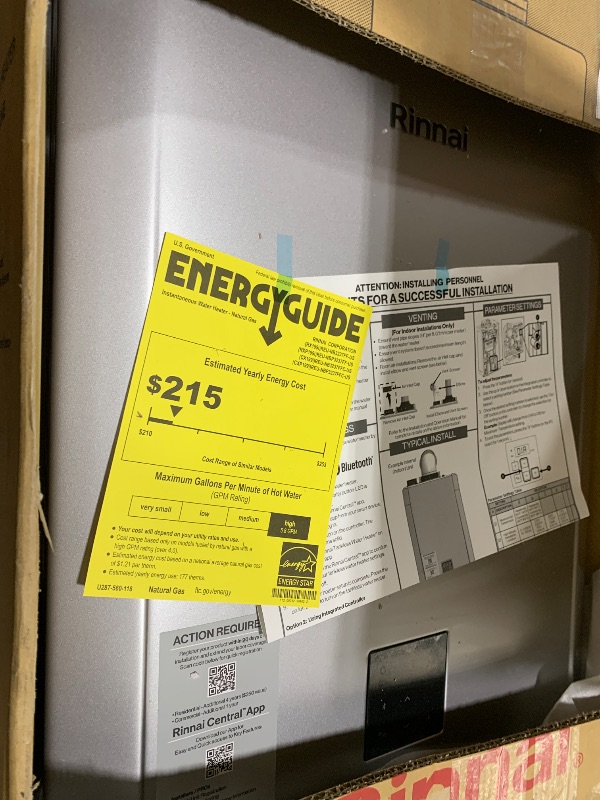 Photo 1 of Rinnai RX199iN Condensing Smart Sense Natural Gas or Propane Tankless Water Heater, Indoor or Outdoor Water Heater, Up to 11.1 GPM, 199,000 BTU
