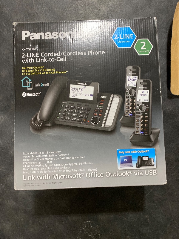 Photo 1 of Panasonic 2-Line Corded Phone/Cordless Phone System with 2 Handsets - Answering Machine, Link2Cell, 3-Way Conference, Call Block, Long Range DECT 6.0, Bluetooth - KX-TG9582B (Black)