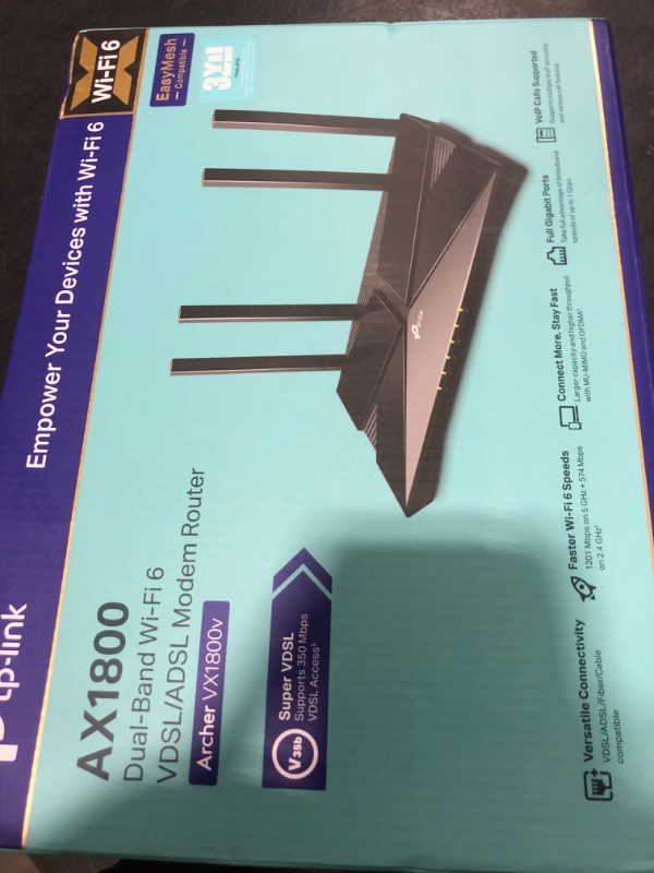 Photo 1 of TP-Link AX1800 Dual-Band Wi-Fi 6 VDSL/ADSL Router Modem 350Mbps Super VDSL, 8K Streaming, EasyMesh for Whole Home, Easy Setup and Use, VoIP Support, App Control