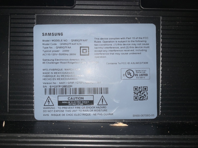 Photo 1 of PARTS ONLY--------------------------------Samsung 85-Inch Class QLED Q7F Series Samsung Vision AI Smart TV (2025 Model, 85Q7F) Quantum HDR, Object Tracking Sound Lite, Q4 AI Gen1 Processor, 4K upscaling, Gaming Hub, Alexa Built-in