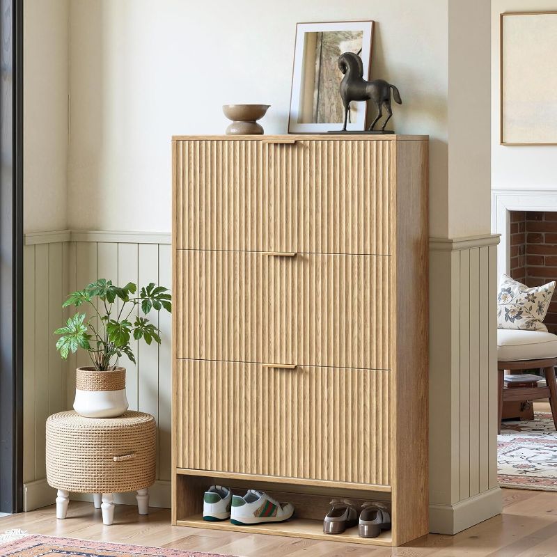 Photo 1 of *DAMAGE, SOLD FOR PARTS** Hootata Oak Tall Shoe Storage Cabinet for Entryway with 3 Flip Drawers, Fluted Slim Shoe Cabinet, Free Standing Wooden Shoes Organizer for Foyer, Hallway