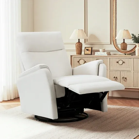 Photo 1 of COLAMY Recliner Chair - Swivel Rocking Glider with Fabric, Ergonomic High Backrest and Adjustable Recliner for Living Room, Office and Bedroom, White