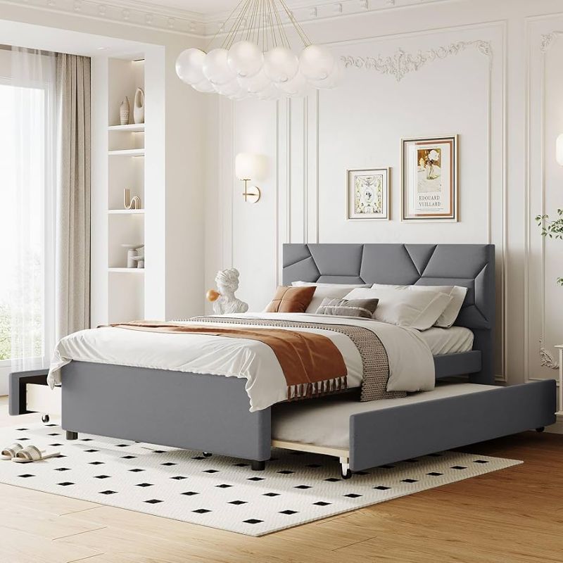 Photo 1 of  Full Size Platform Bed with Drawers and Twin Trundle Bed, Upholstered Full Storage Bed with Tufted Headboard, Linen Fabric, No Box Spring Needed, Gray