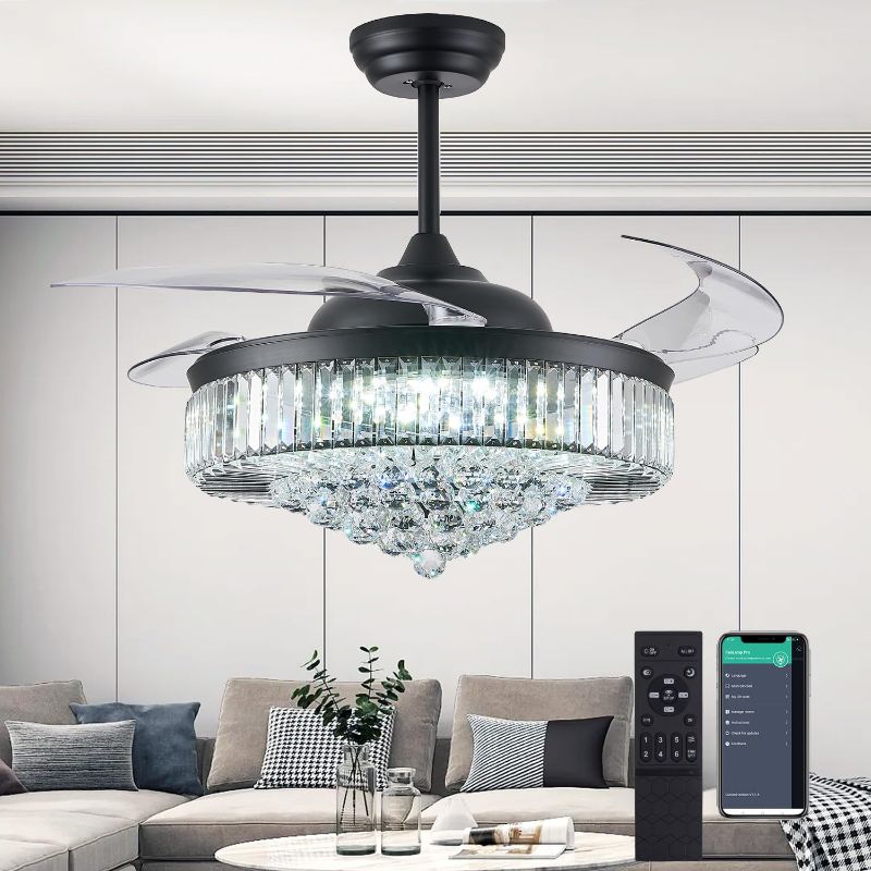Photo 1 of 52" Dimmable Chandelier Ceiling Fan with Lights,Retractable Crystal Ceiling Fan Chandelier with Remote Control LED Light for Bedroom Living Room Polished Chrome Black 6 Speed 3 Light
