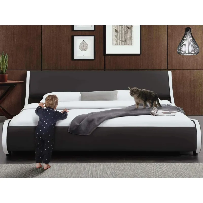 Photo 1 of King Size Modern Platform Bed Frame with Adjustable Headboard, Faux Leather, Black with White Border