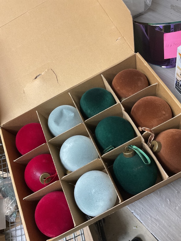 Photo 1 of 12 Pcs Velvet Christmas Balls Bulk Shatterproof Plastic Christmas Tree Decorations for Decorative Hanging Baubles (12, Wine red?Haze Blue?Blackish Green?Brown, 3.94Inch)