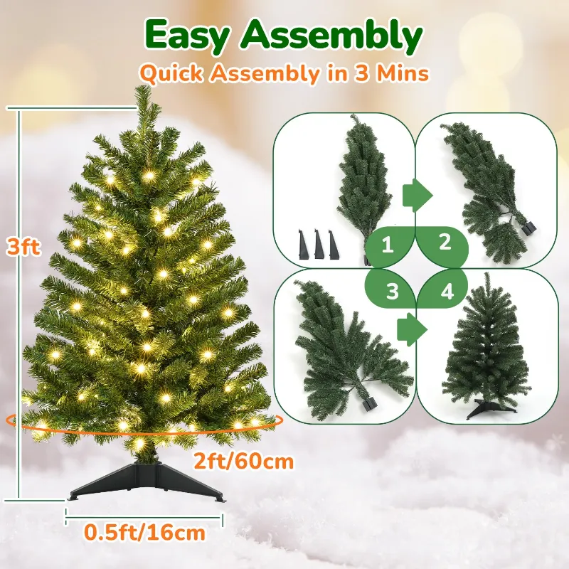 Photo 1 of 1 Pack 3 FT Pre-Lit Christmas Tree w/ 70 Lights 163 Tips, Hinged Artificial Holiday Xmas Christmas Decoration, Green