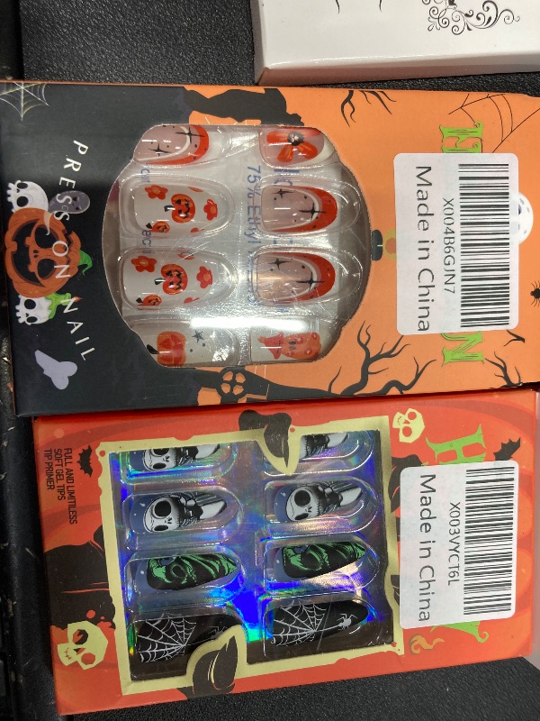 Photo 1 of ***5 PACKS INCLUDED***Halloween Press on Nails Medium Square MABKJLF Fake Nails Black False Nails with Designs Skull Moon Full Cover Glossy Glue on Nail Acrylic Nails for Women Girls 24Pcs***5 PACKS INCLUDED***