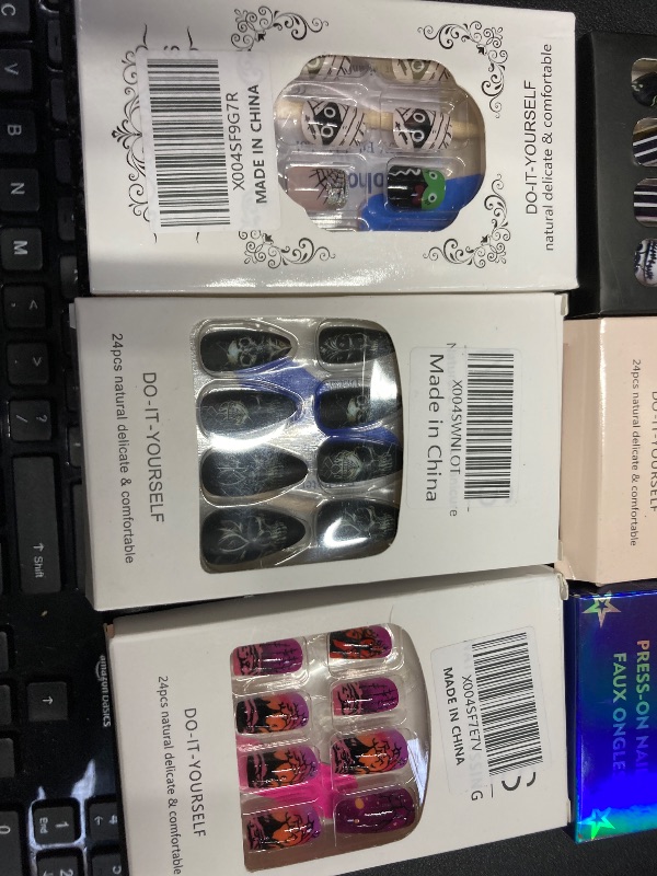 Photo 1 of ***6 PACKS INCLUDED***24Pcs Halloween Press on Nails Short Square Cute Fake Nails with Spider Web Mummy Designs Green Orange Halloween Nails Decoration French Tip Glue on Nails Cobweb Stick on Nails for Women Manicure***6 PACKS INCLUDED***
