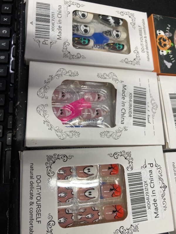 Photo 1 of ***6 PACKS INCLUDED***24Pcs Halloween Press on Nails Medium Square Black Orange Fake Nails with Bat Pumpkin Monster Designs Spider Web Halloween Nails Decor Artificial Acrylic Glue on Nails Holiday Stick on Nails for Women***6 PACKS INCLUDED***