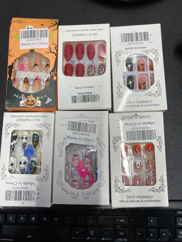 Photo 1 of ***6 PACKS INCLUDED***24Pcs Halloween Press on Nails Medium Square Black Orange Fake Nails with Bat Pumpkin Monster Designs Spider Web Halloween Nails Decor Artificial Acrylic Glue on Nails Holiday Stick on Nails for Women***6 PACKS INCLUDED***