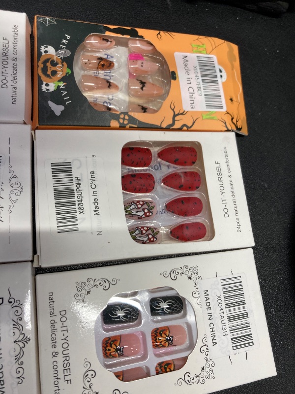 Photo 1 of ***6 PACKS INCLUDED***24Pcs Halloween Press on Nails Medium Square Black Orange Fake Nails with Bat Pumpkin Monster Designs Spider Web Halloween Nails Decor Artificial Acrylic Glue on Nails Holiday Stick on Nails for Women***6 PACKS INCLUDED***
