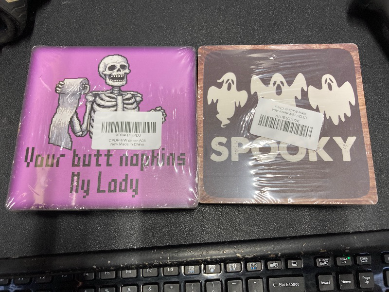 Photo 1 of ***2 ITEMS INCLUDED***Spooky Halloween Decoration - 5’’ Wooden Plaque With 1 Metal Support - Ghosts Wooden Sign - Halloween Party Rustic Tabletop Decor & Supplies For Home Desk Shelf - ***2 ITEMS INCLUDED***