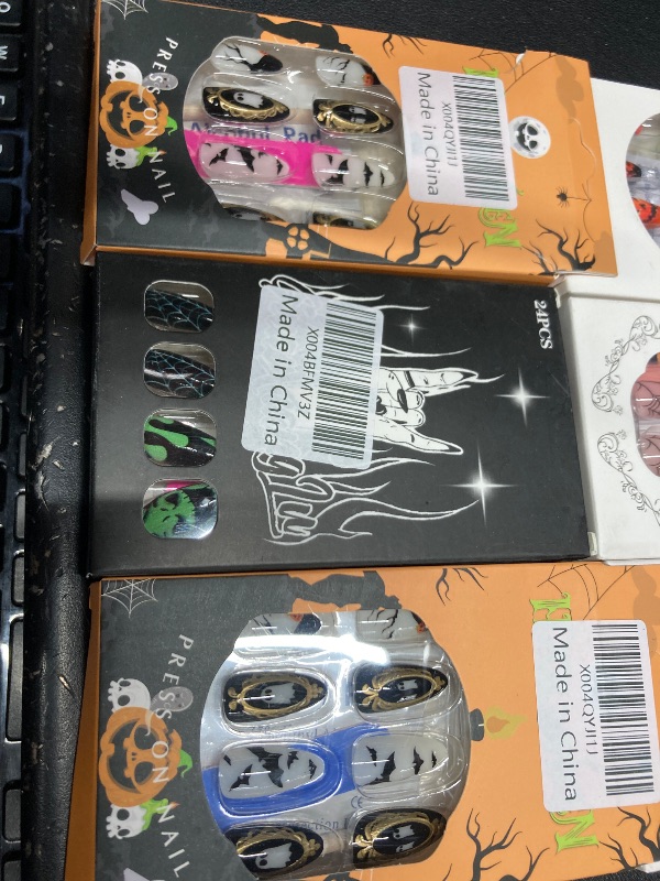 Photo 1 of ***6 ITEMS INCLUDED***Halloween Press on Nails Medium Almond SWEKKE Fake Nails Cute False Nails with Mummy White Pearlescent Designs Glossy Glue on Nail Reusable Acrylic Nails for Women Girls 24Pcs***6 ITEMS INCLUDED***