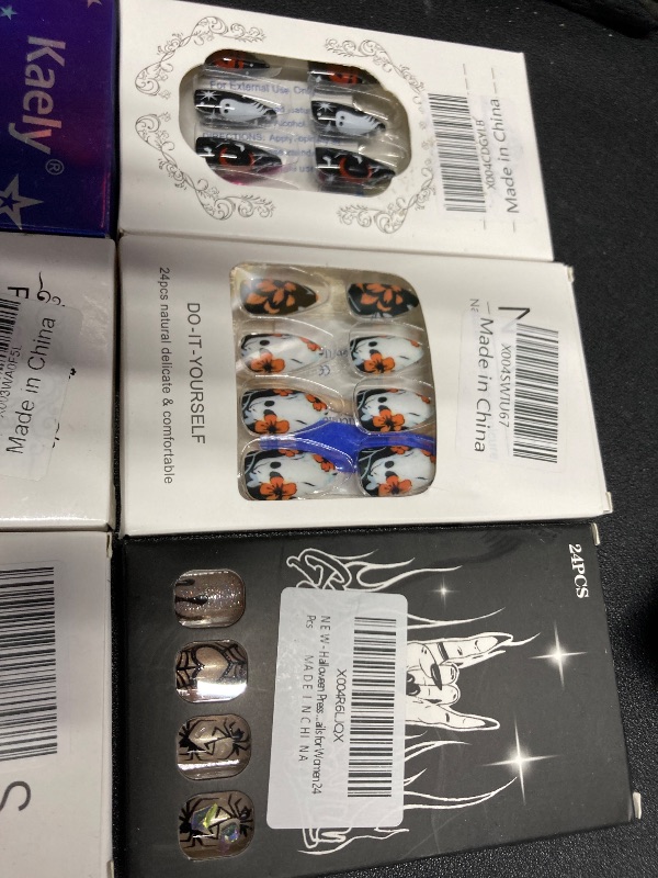 Photo 1 of ***6 ITEMS INCLUDED***Halloween Press on Nails Medium Square Fake Nails with Rhinestones Spider Heart Spider Web Desings Glitter Sequins Glue on Nails Nude Stick on Nails for Women 24 Pcs***6 ITEMS INCLUDED***