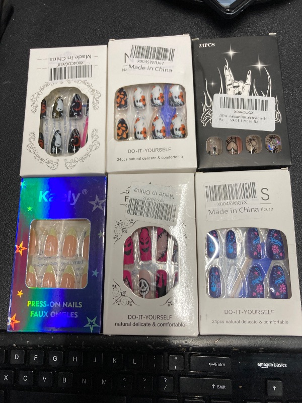 Photo 1 of ***6 ITEMS INCLUDED***Halloween Press on Nails Medium Square Fake Nails with Rhinestones Spider Heart Spider Web Desings Glitter Sequins Glue on Nails Nude Stick on Nails for Women 24 Pcs***6 ITEMS INCLUDED***