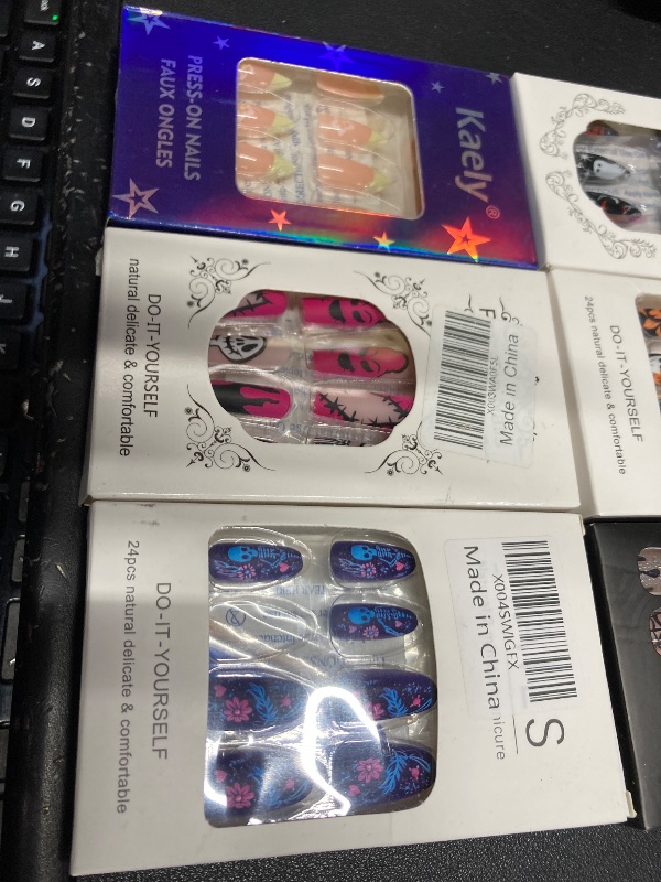 Photo 1 of ***6 ITEMS INCLUDED***Halloween Press on Nails Medium Square Fake Nails with Rhinestones Spider Heart Spider Web Desings Glitter Sequins Glue on Nails Nude Stick on Nails for Women 24 Pcs***6 ITEMS INCLUDED***