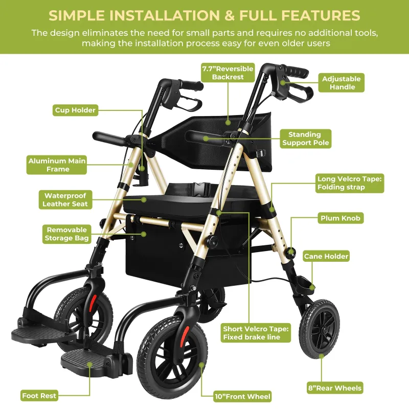 Photo 1 of ***MISSING ONE LEG SUPPORT***Foldable Rollator Walker for Seniors with Seat, Lightweight 2 In 1 Rolling Walkers Wheelchair Combo for Adult, Transport Chair with Brakes, Adjustable Seat and Handle, 300 Lb. Weight Capacity