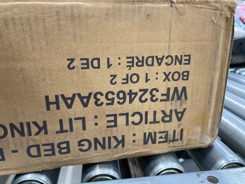 Photo 1 of ***only box 1 of 2 , PARTIAL SET***Merax King Size Kids Floor Bed, Daybed Frame with Fence and Stairs, Upholstered Wood Bed for Living Room, White+Pink