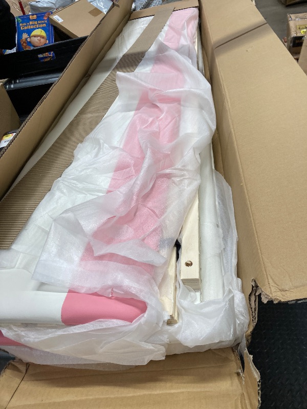 Photo 1 of ***only box 1 of 2 , PARTIAL SET***Merax King Size Kids Floor Bed, Daybed Frame with Fence and Stairs, Upholstered Wood Bed for Living Room, White+Pink