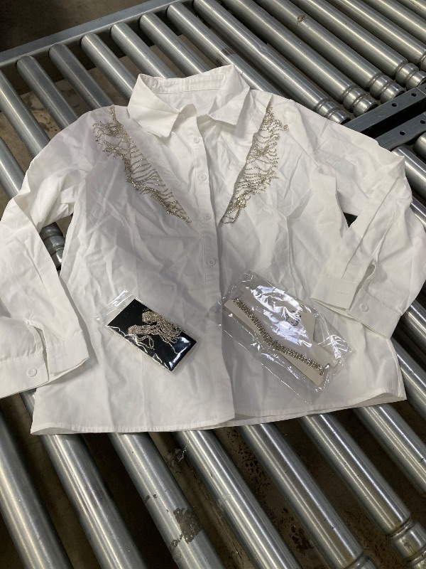 Photo 1 of ***only contains necklace , earrings , and jeans.***Hercicy 4 Pcs Glitter Western Disco Costume for Cowboy Cowgirl, Glitter Rhinestone Fringe Shirt White Hat Silver Jewelry(M)