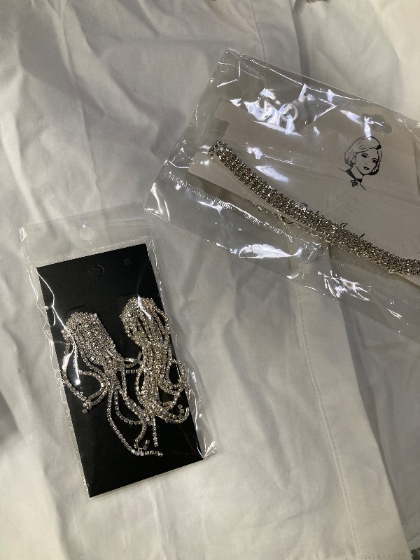 Photo 1 of ***only contains necklace , earrings , and jeans.***Hercicy 4 Pcs Glitter Western Disco Costume for Cowboy Cowgirl, Glitter Rhinestone Fringe Shirt White Hat Silver Jewelry(M)