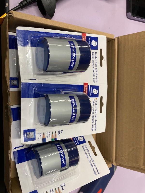 Photo 1 of **BOX OF 7***Staedtler Two-Hole Metal Pencil Sharpener with Locking Mechanism, Blue/Silver